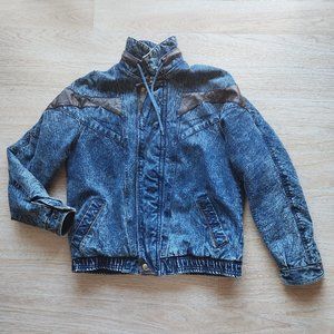 Vintage Eagle's Ridge Acid Denim Faux Leather Trim Bomber Jacket Quilt-Lining